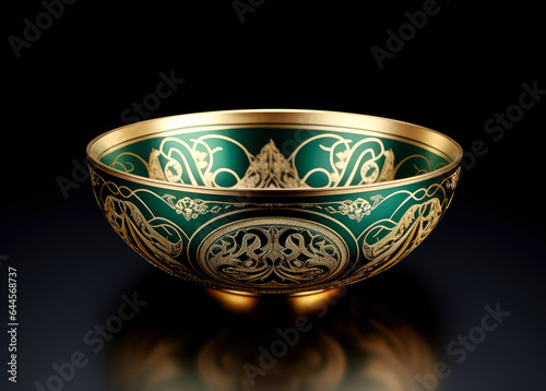 Gold traditional Arabic bowl design with tassel gold, emerald green and gold bowl, medieval-inspired.