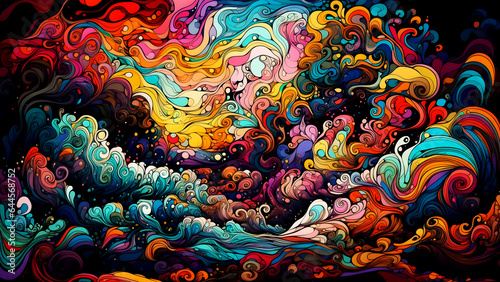 Colorful swirls on black background, digital art