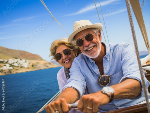 A Photo of a Senior Couple Sailing in the Greek Islands