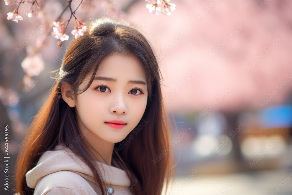 Fototapeta premium Portrait of a beautiful asian woman, blurred Cherry blossoms background. Cute teen generated by AI
