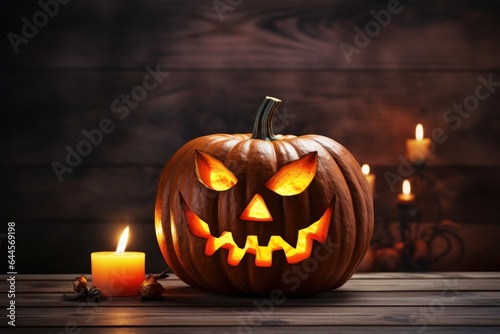 Spooky pumpkin head on wood table. Halloween celebrartion banner. October horror night decoration generated by AI