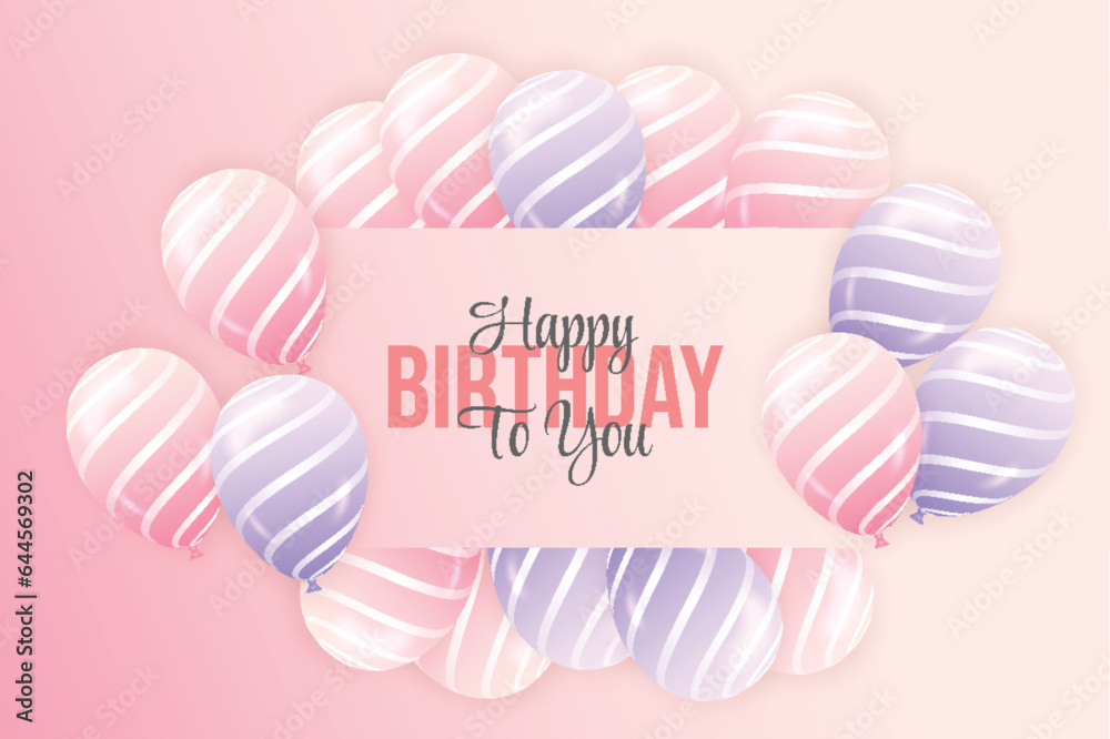 Happy birthday horizontal illustration with 3D realistic pink and purple balloons on a pink background with text and glitter confetti Happy birthday horizontal illustration with 3D realistic pink and purple balloons on a pink background with text and glitter confetti