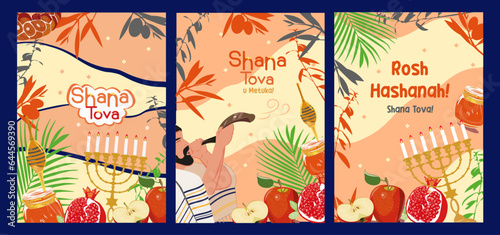 Flat greeting cards collection for rosh hashanah jewish new year celebration photo