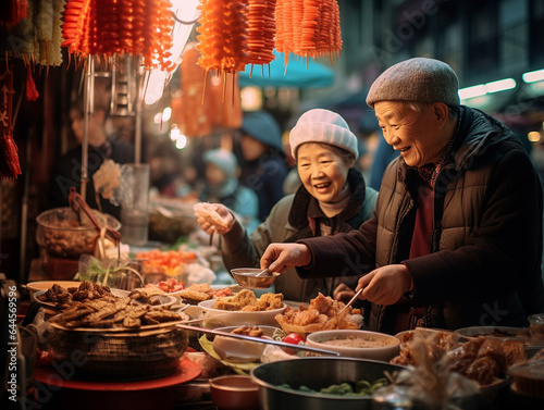 A Photo of Seniors Trying Street Food in an Asian Market