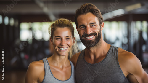 Portrait of sports man and woman training together in a gym
