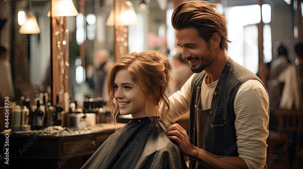 a young pretty woman with long blond hair is sitting in a hairdressing salon and having her hair cut. - obrazy, fototapety, plakaty 