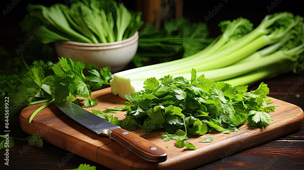A bunch of green celery on a cutting board with a knife. A bunch of green celery on a cutting board with a knife.