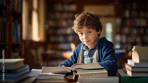 Little boy reading a book in the library