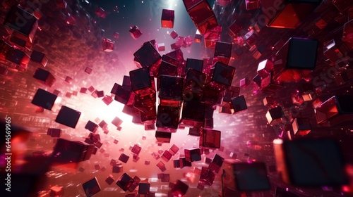 Abstract futuristic background with geometric red cubes and lights coming out of it. Geometric shape that forms into red squares and flash of light and red color.