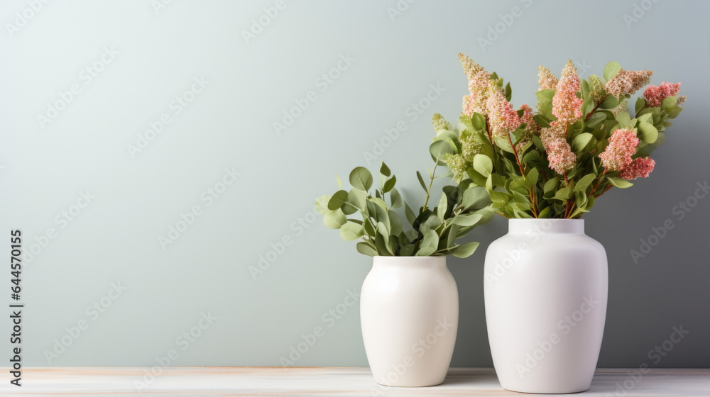 beautiful flowers in a vase with a blank wall in the background with space for text. beautiful flowers in a vase with a blank wall in the background with space for text.