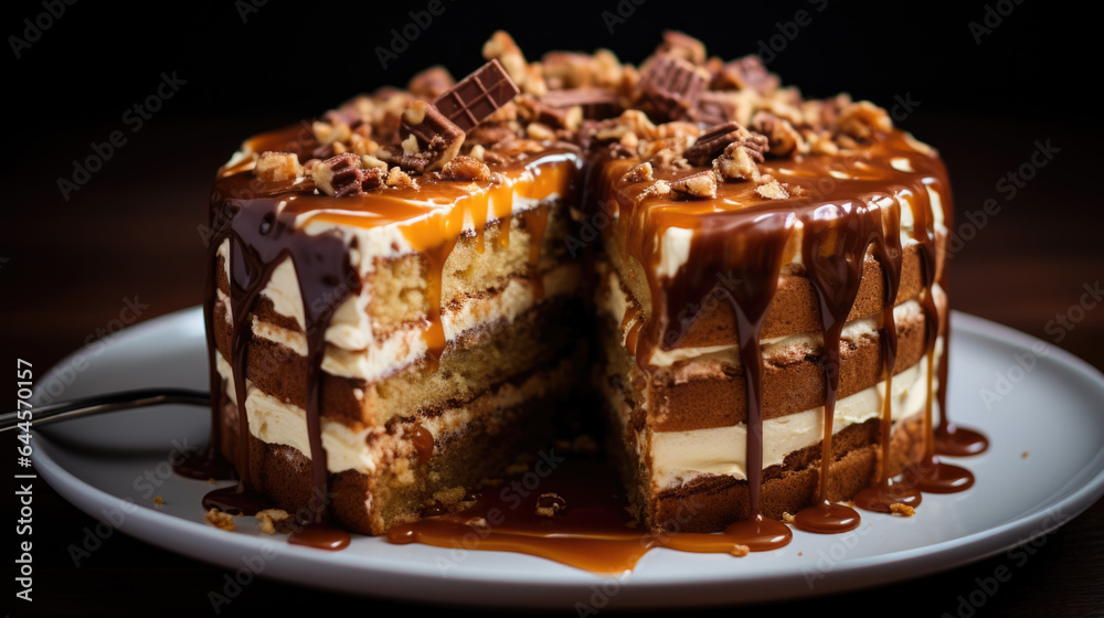 a delicious sliced toffee cake covered with caramel. a delicious sliced toffee cake covered with caramel.