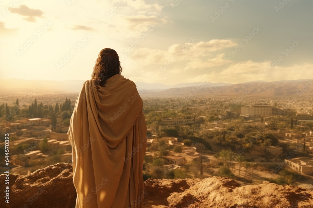 Fototapeta premium Jesus Christ stands with his back on the mountain and looks at Jerusalem. Religion easter banner generated by AI
