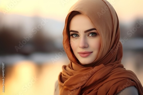 Beautiful arabic woman face portrait. Smiling muslim woman in hijab. Near east female model generated by AI