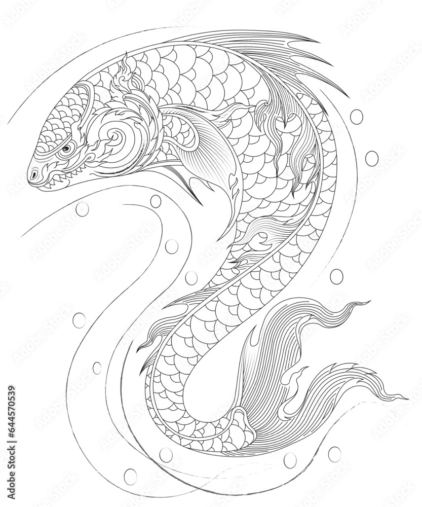 Lai Thai or Line Thai carp fish isolate background. Traditional Thai fish tattoo Lai Thai or Line Thai carp fish isolate background. Traditional Thai fish tattoo