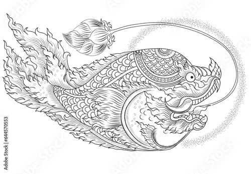 Lai Thai or Line Thai carp fish isolate background. Traditional Thai fish tattoo