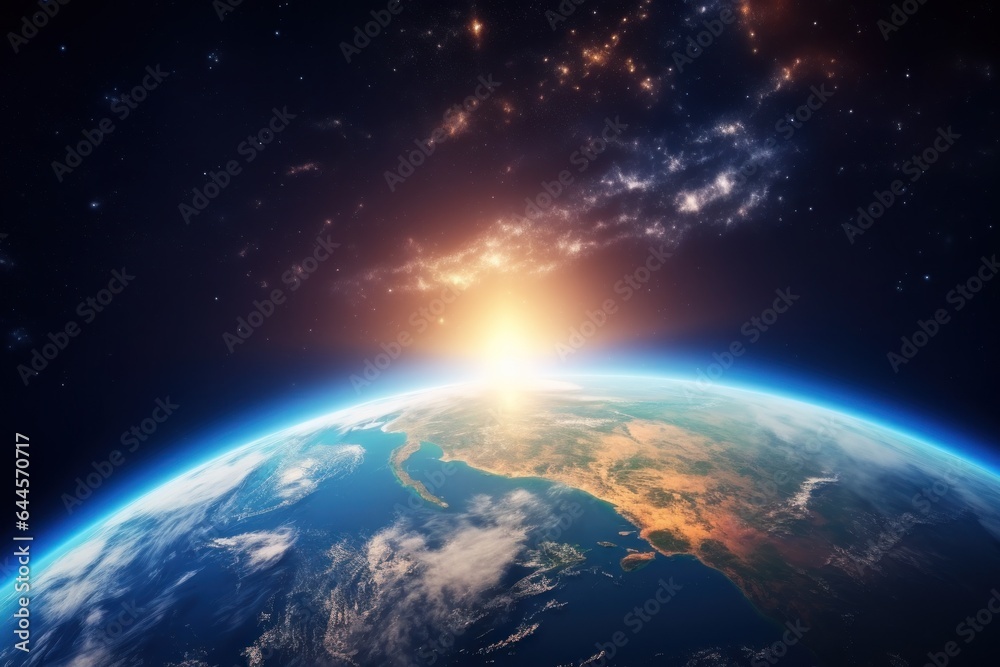Earth in space, beautiful sunrise view. Planet horizon, closeup view from space. Cinematic astronomy banner, generated by AI