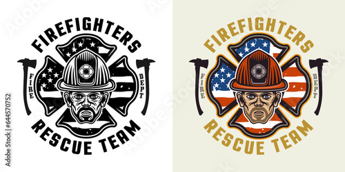 Firefighters vector emblem, logo, badge or label design illustration in two styles black on white and colored