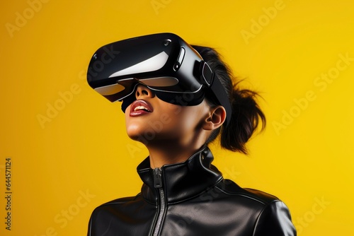 Portrait woman in vr glasses, playing video games with virtual reality headset © Inna
