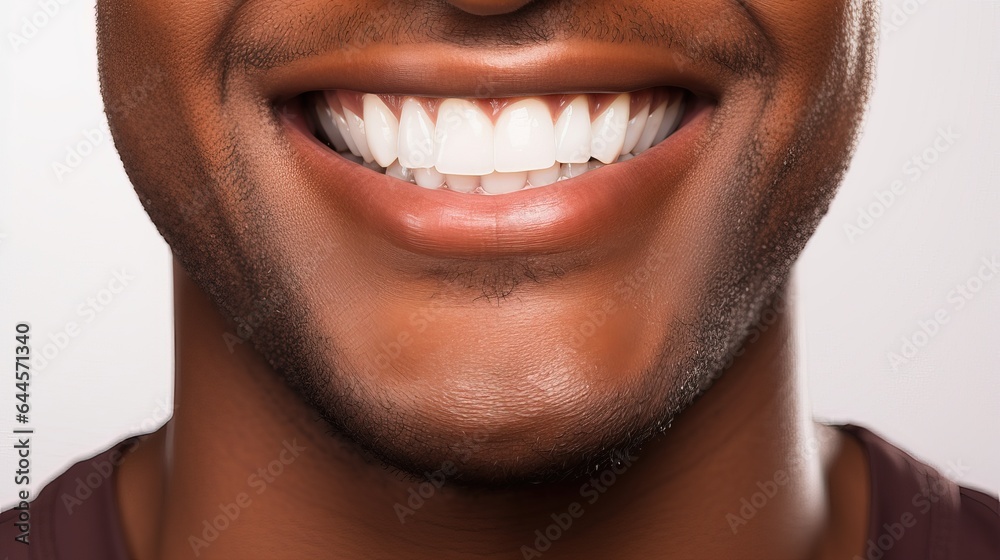 Fototapeta premium Smiling mouth close-up. Happily smiling African American young man with perfectly white even teeth. Picture on white background.