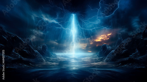 Fantasy Blue landscape. Waterfall on a  dark background  blue light coming out of water  in the style of fantasy illustration  blue fantasy waterfall.