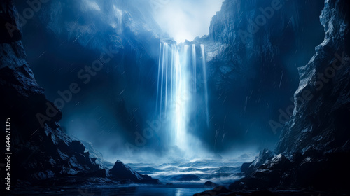 Blue waterfall is coming out from a dark background, blue light coming out of water, in the style of fantasy illustration, blue fantasy waterfall falling down .