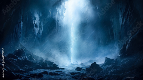 Fantasy Blue landscape. Waterfall on a dark background, blue light coming out of water, in the style of fantasy illustration, blue fantasy waterfall.