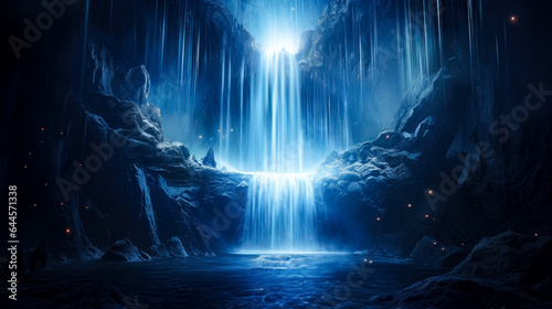 Blue waterfall is coming out from a dark background, blue light coming out of water, in the style of fantasy illustration, blue fantasy waterfall falling down .