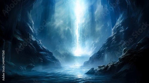 Blue waterfall is coming out from a dark background  blue light coming out of water  in the style of fantasy illustration  blue fantasy waterfall  falling down .