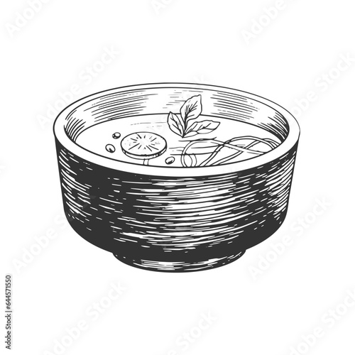 Engraving style bowl of soup isolated on white background. Sketch style soup plate