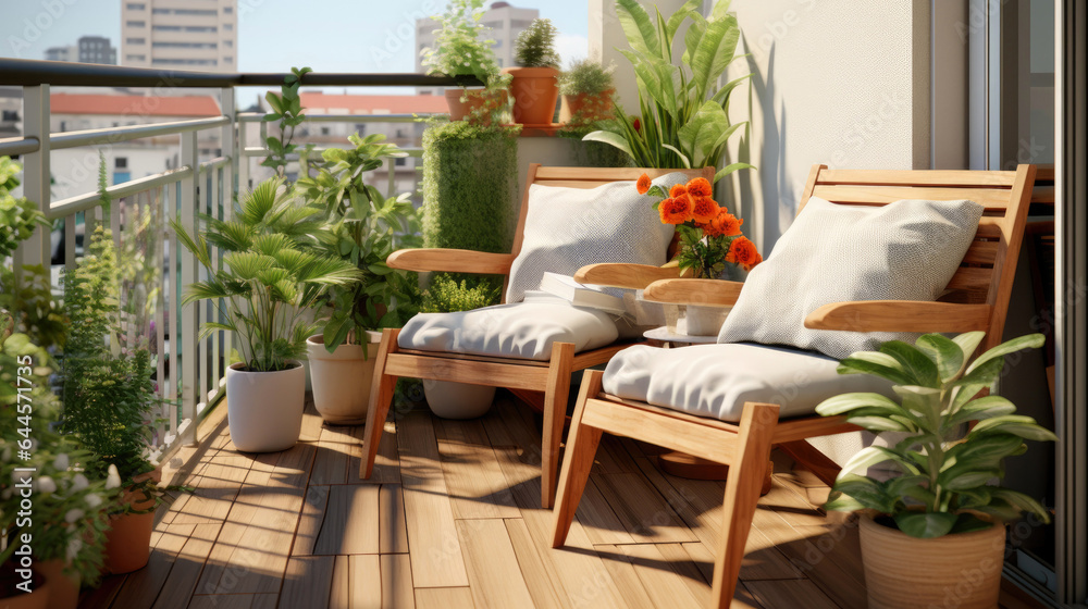 Small modern cute and cozy balcony with chair and some plants around. Generative AI - obrazy, fototapety, plakaty 