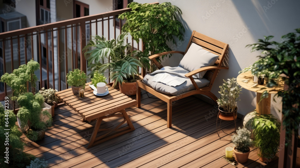 Small modern cute and cozy balcony with chair and some plants around. Generative AI