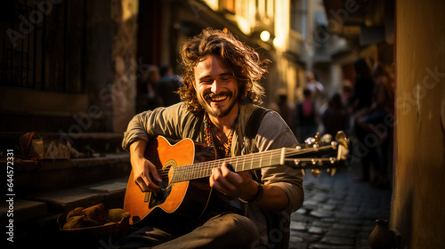 Busker's soulful music fills the alley. 