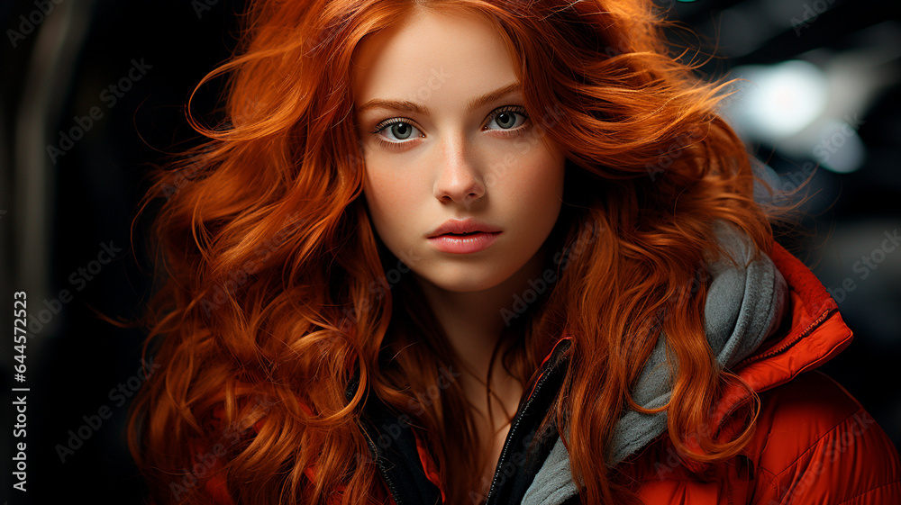  a woman with red hair and blue eyes