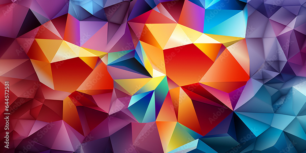 Viele wunderschöne bunte Dreiecke in 3D als Hintergundmotiv im Querformat für Banner, ai generativ