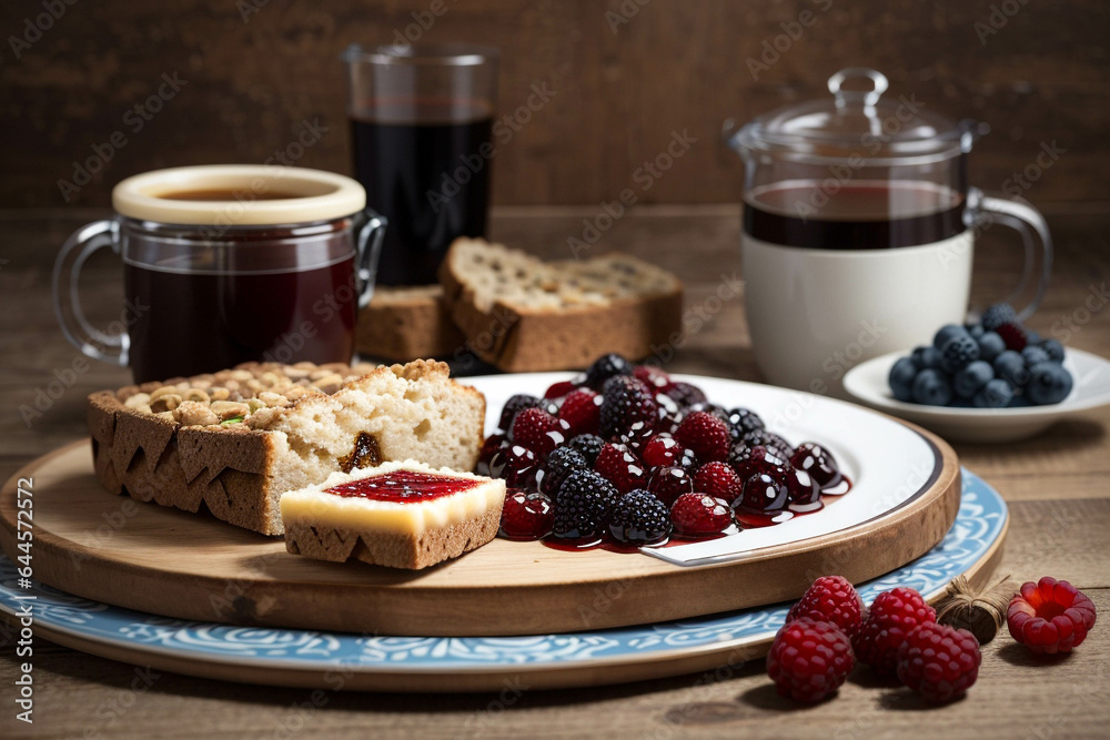 Frühstück mit einem Kaffee und mit Brot das bestrichen ist mit Marmelade Frühstück mit einem Kaffee und mit Brot das bestrichen ist mit Marmelade