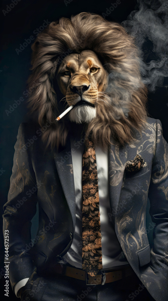 Lion dressed in an elegant suit, standing as a leader, smoking a cigarette. Fashion portrait of an anthropomorphic animal, feline, lion, posing with a charismatic human attitude.