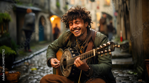 Immerse yourself in urban culture as a street musician plays passionately in an alley. 