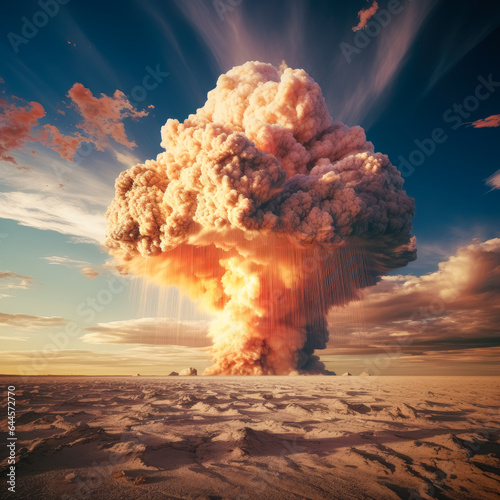 Explosion in desert, dusty piles, explosion erupts from the surface of the desert with clouds hanging over it.