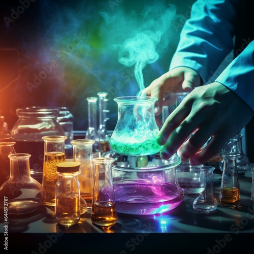 Wallpaper Mural scientist hand in a laboratory, examining a substance within a beaker, conducting medical investigations for pharmaceutical discoveries and biotechnology healthcare, science, and chemistry Torontodigital.ca