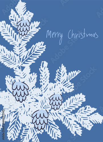 Merry Christmas greeting card template. Minimalistic design with Color of the year Viva Magenta and hand-lettered greeting phrase on blue background