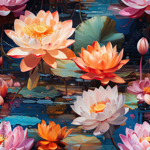 Lotuses in the pond oil painting colorful repeat pattern