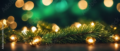 Close-up of Christmas tree branch with garland on table, bokeh lights in background, wallpaper