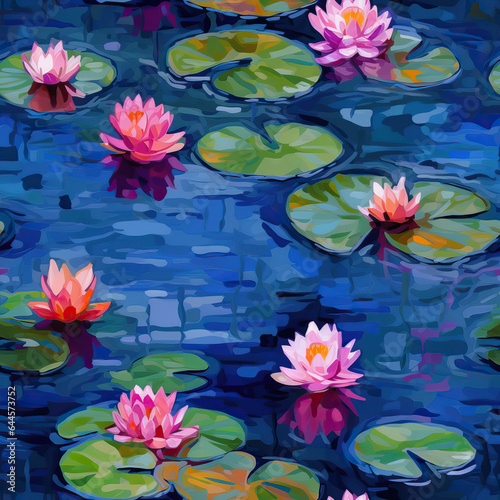 Lotuses in the pond oil painting colorful repeat pattern