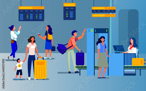 Passengers standing in queue for security check in airport. People with baggage going through security checkpoint vector illustration. Aviation, vacation, traveling, transportation concept