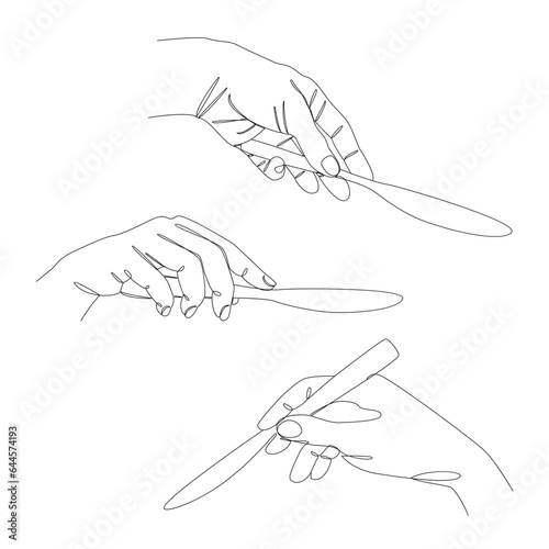 Collection. Silhouettes of a male hand holding a knife in a modern one line style. Continuous line drawing, outline for home decor, posters, wall art, stickers, logo. Vector illustration set.