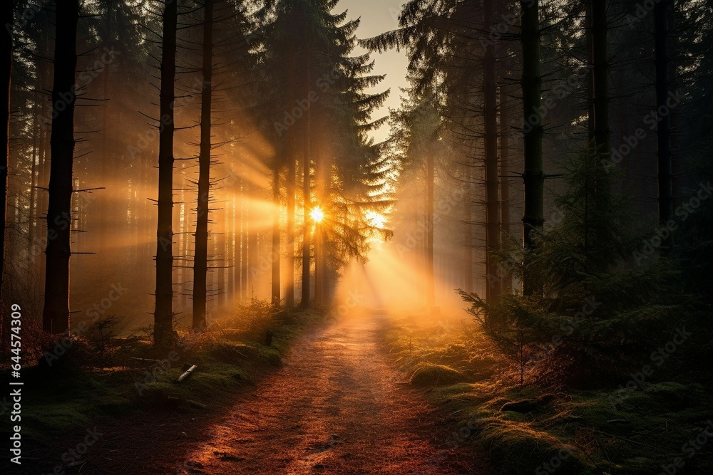 Fototapeta premium Sunrise in a forest aesthetic background.Generative AI