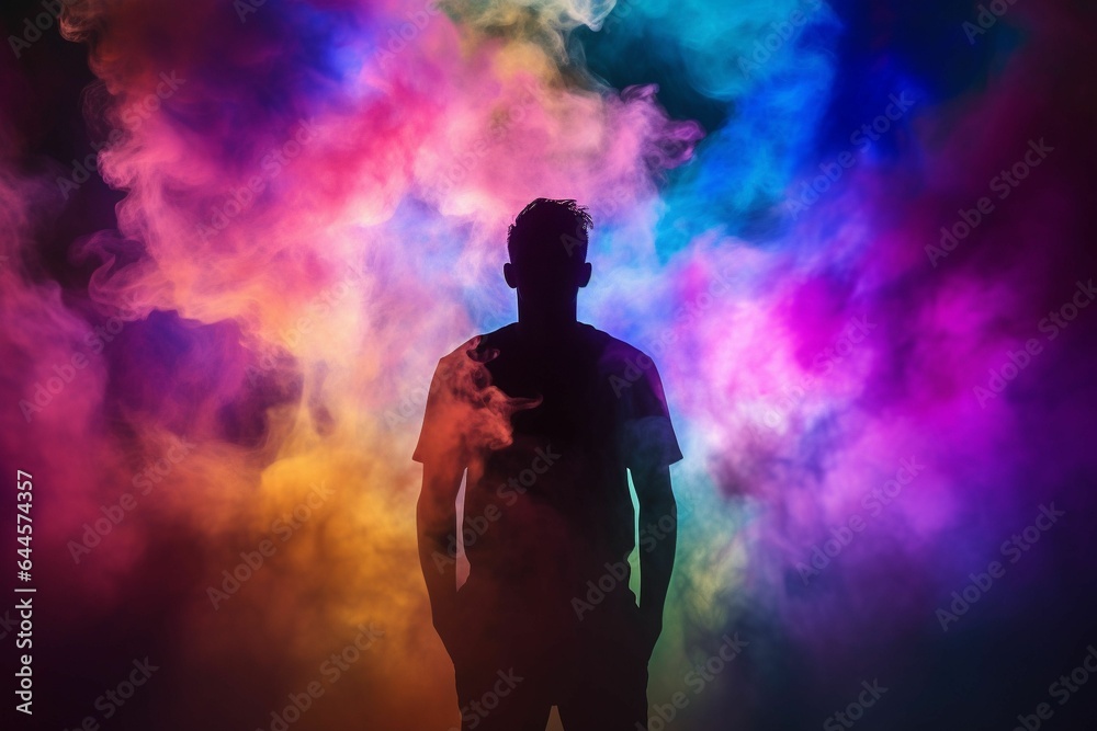 Happy holi colorful background silhouette of man in colored fog.Generative AI