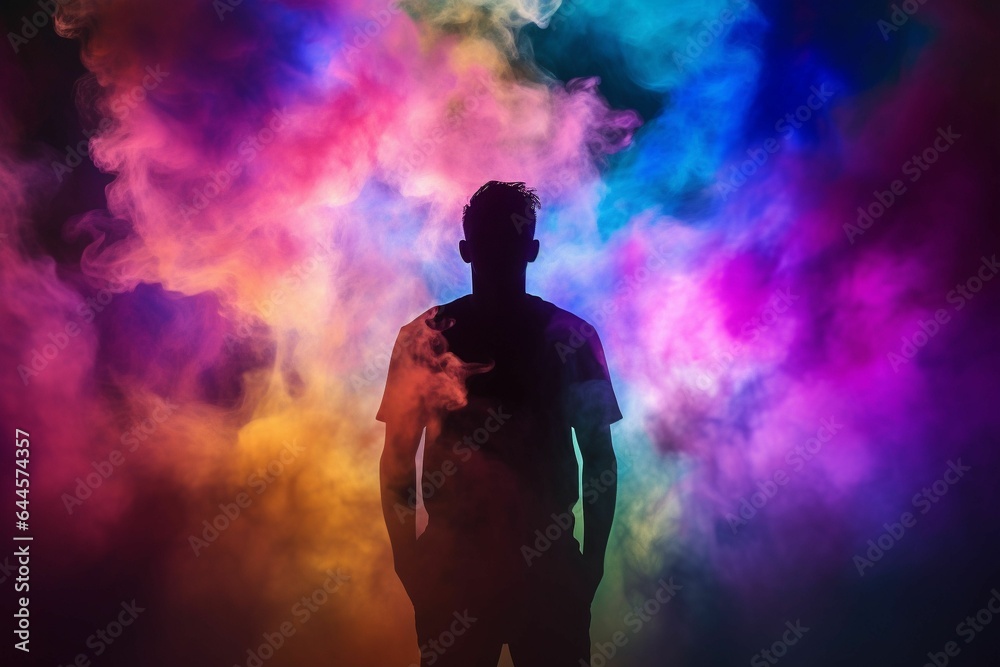 Happy holi colorful background silhouette of man in colored fog.Generative AI Happy holi colorful background silhouette of man in colored fog.Generative AI