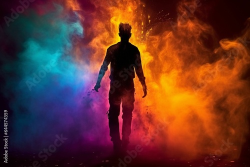 Happy holi colorful background silhouette of man in colored fog.Generative AI