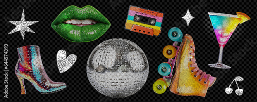Disco-themed collage kit. Bright retro 80s elements. For rollerdrome party with cocktails and music. Vector illustration in the style of points. 